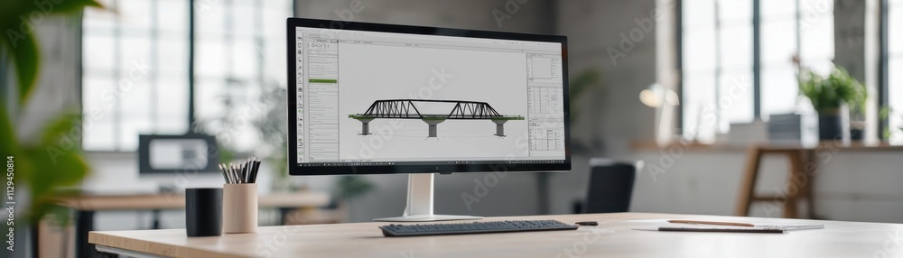 Poster a sleek workspace featuring a computer displaying a bridge design, surrounded by plants and modern d