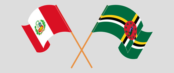 Crossed and waving flags of Peru and Dominica. Vector illustration