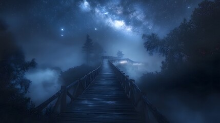 A glowing enchanted bridge stretching over a starlit abyss surrounded by swirling fog.