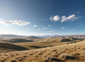 A panoramic view of a vast open space with rolling hills and a clear blue sky, natural beauty, expansive view, landscape