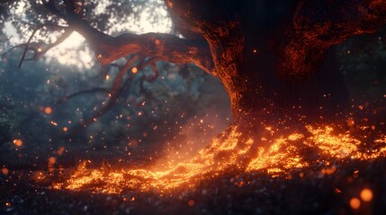 A glowing magical forge where weapons are imbued with fiery energy under an ancient tree.