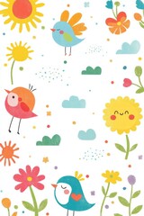 Naklejka premium Bright and cheerful kids printable background featuring colorful flowers and playful birds