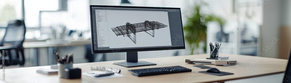 Poster a modern workspace featuring a computer displaying a design project, surrounded by office supplies a