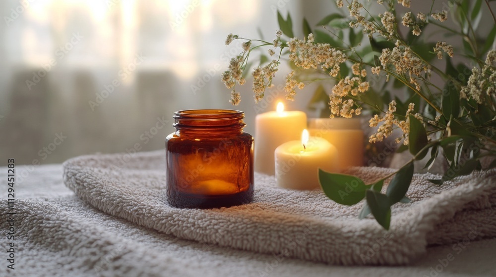 Poster a serene setting showcases an amber jar and eco-friendly candles arranged on soft linens.