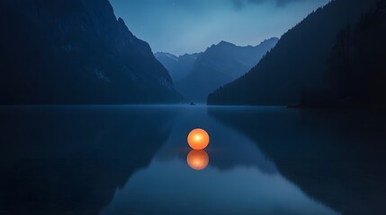 A glowing orb floating in the center of a tranquil lake casting light onto surrounding mountains.