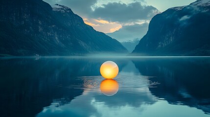 A glowing orb floating in the center of a tranquil lake casting light onto surrounding mountains.