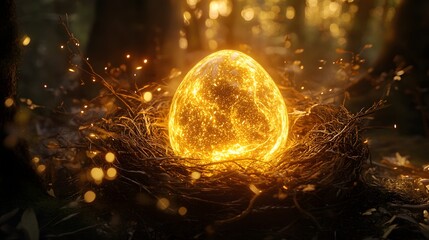 A glowing phoenix egg cradled in a nest of sparkling golden feathers in a radiant forest.