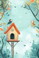 Cute birdhouse surrounded by colorful trees and cheerful birds in a whimsical nature setting
