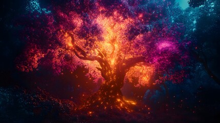 Naklejka premium A glowing phoenix tree ablaze with vibrant colors in a dark enchanted forest.