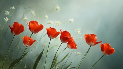 Impressionist Red Tulips in Soft Light - Delicate red tulips sway gently in a soft, ethereal light.  Symbols of spring, beauty, hope, and new beginnings, these flowers evoke a sense of peace and tranq
