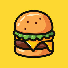 Delicious Cartoon Cheeseburger with Lettuce and Cheese on Yellow Background