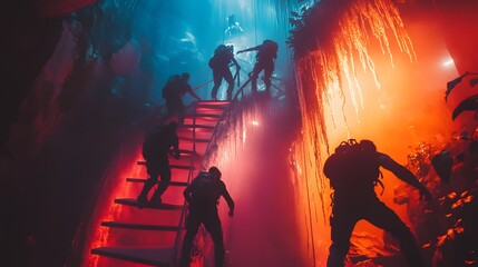 Obraz premium A group of adventurers climbing a floating staircase glowing with ethereal light.