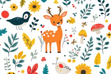 Colorful printable background featuring playful animals and vibrant flora for kids' activities