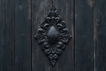 古びた黒い木のドアに装飾された彫刻的な金具が施されている様子