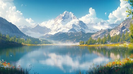 Fototapeta premium Majestic snow-capped mountain reflected in a serene lake.