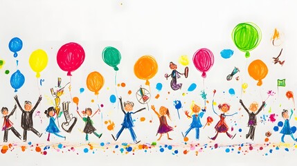 A joyful kids drawing of a parade with people balloons and a marching band.