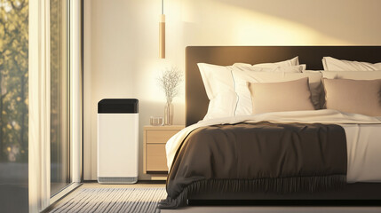 Stylish bedroom interior with cozy bed and air purifier for winter allergy tips