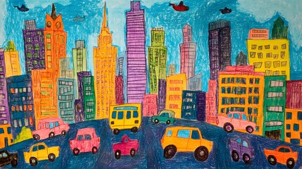 A kids drawing of a busy city scene with cars buses and tall buildings.