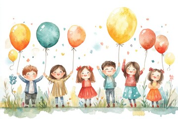 Colorful kids celebrating with balloons in a cheerful outdoor setting during daytime fun
