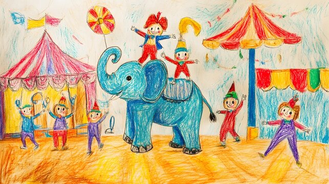 A kids drawing of a circus scene with clowns acrobats and elephants performing tricks.
