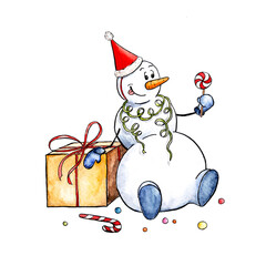 Isolated Christmas Watercolor Drawing with Snowman and Candies