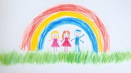 A kids drawing of a stick figure family standing on green grass under a rainbow.
