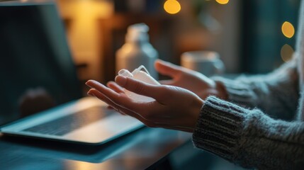 Woman cleaning hands with tissue at home office.