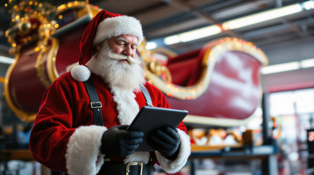  Santa in Workshop: Repairing Sleigh with Modern Tools in Christmas-themed Garage