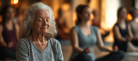senior yoga class, elderly individuals enjoying a calming yoga class led by a compassionate instructor in a tranquil, softly lit setting