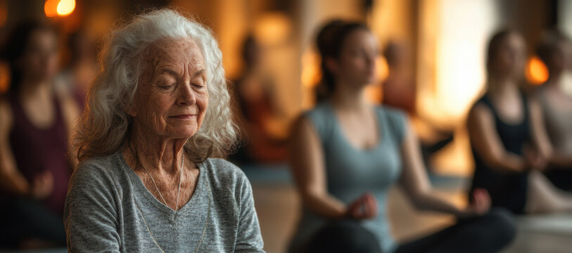 senior yoga class, elderly individuals enjoying a calming yoga class led by a compassionate instructor in a tranquil, softly lit setting