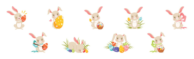 Cute Bunny with Easter Decorated Egg Shell Vector Set