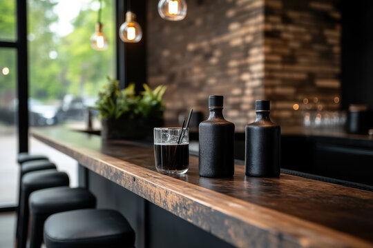 rustic cocktail bar, vintage glassware, artisan cocktails, and a reclaimed wooden bar set against a brick backdrop, illuminated by edison bulbs - Powered by Adobe