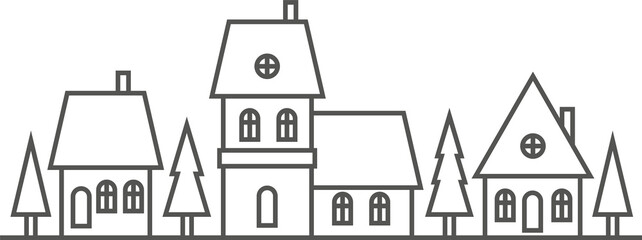 Winter village silhouette. Outline illustration of neighborhood skyline. Row of cute buildings and fur trees. Horizontal country scene