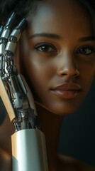 Black woman with robotic hand: futuristic technology and human innovation