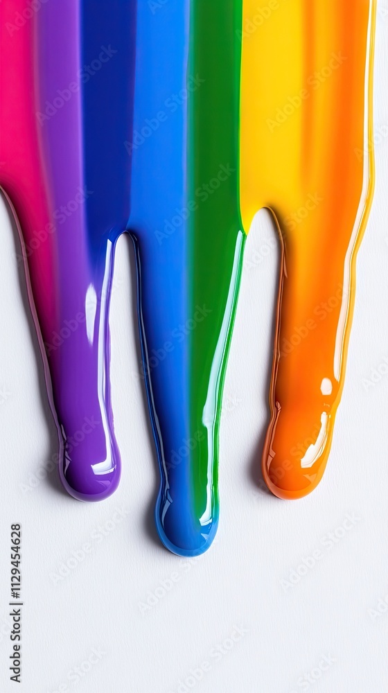 Poster drips of colorful paint cascade down against a white background, forming vibrant rainbow patterns. t