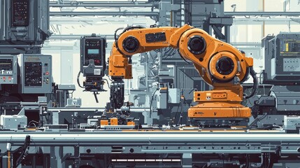 Fototapeta premium A robotic arm in a factory setting, showcasing automation technology in a modern industrial environment.