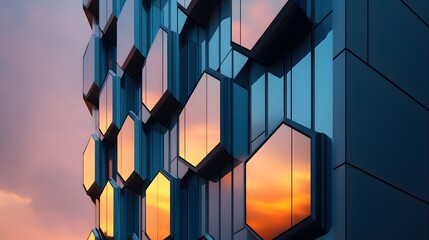 A luxury office tower with interlocking hexagonal panels glowing softly in the evening.