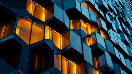 A luxury office tower with interlocking hexagonal panels glowing softly in the evening.