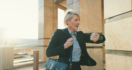 Late, business woman and check watch in city for urgent meeting, rushing to appointment and stress....