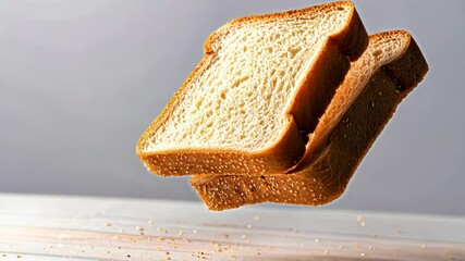 Two pieces of toast bread falling on the white table.