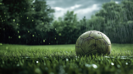 Rain-soaked soccer ball on a grassy field. Generative AI image