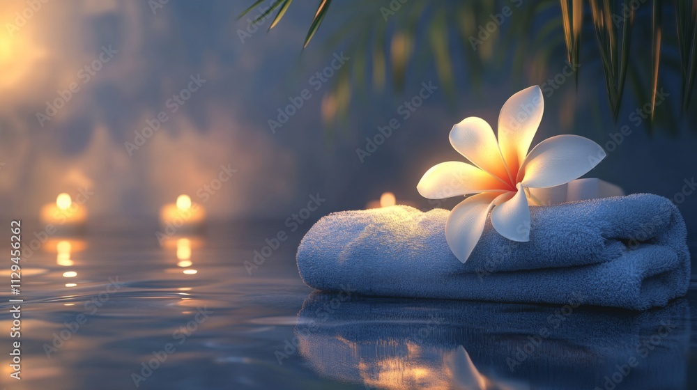 Poster soft candles illuminate a tranquil space as a fresh flower rests on a folded towel. the setting prom
