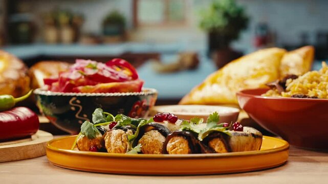 Eggplant rolls with cheese. Middle eastern arabian turkish and Georgian cuisine. Tasty restaurant, uzbek kazakh close up food.