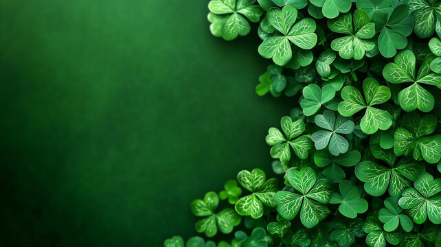 Fototapeta Background of green clovers against a green background for a Saint Patrick's Day themed advertisement.