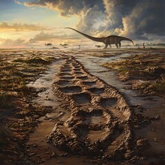 Fototapeta premium Massive Sauropod Footprints in Muddy Prehistoric Landscape with Grazing Dinosaurs