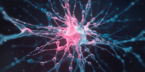 Neural Network Abstract: Microscopic view of a vibrant neuron, its intricate network glowing with pink and blue hues against a dark background.  A mesmerizing image for science, technology.