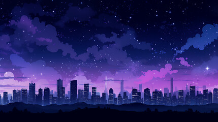 Fototapeta premium A minimalist 2D design of a cityscape with tall skyscrapers under a starry night sky, featuring glowing windows and a peaceful ambiance. 