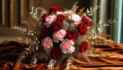Naklejka premium Romantic bouquet of red and pink roses with golden leaves for wedding decor