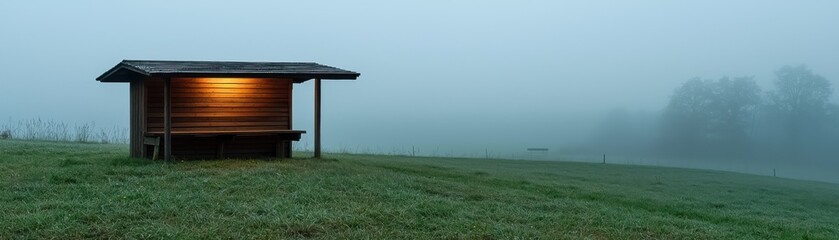 A solitary wooden structure sits in a foggy landscape, illuminated softly, surrounded by lush grass and distant trees.