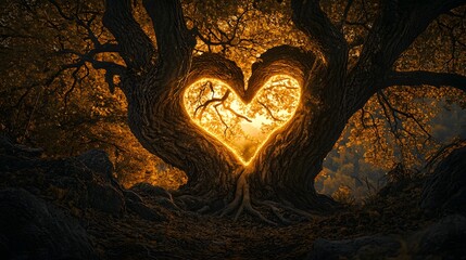 A massive tree with branches intertwining to form a glowing heart shape.